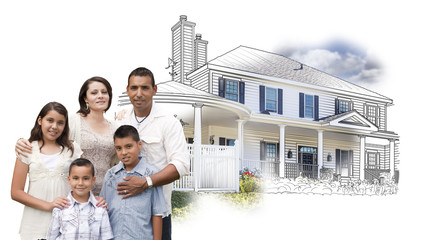 Fototapeta premium Young Hispanic Family Over House Drawing and Photo on White
