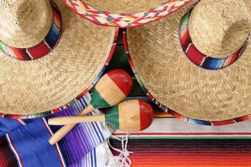Foto op Canvas Mexican sombreros with maracas and traditional serape blanket Mexico cinco de mayo fiesta © david_franklin