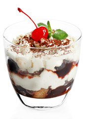 Tasty tiramisu dessert in glass, isolated on white