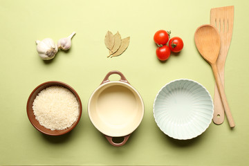 Food ingredients and kitchen utensils for cooking
