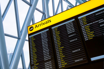 Check in, Airport Departure & Arrival information board sign