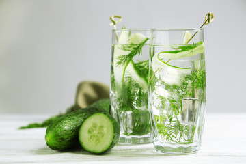 Glasses with fresh organic cucumber water