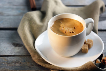 Cup of coffee on table close-up