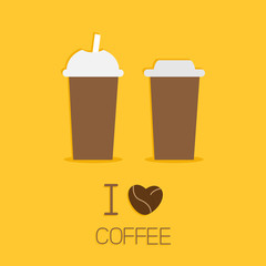 Two disposable coffee paper cups I love coffe heart sead Flat 