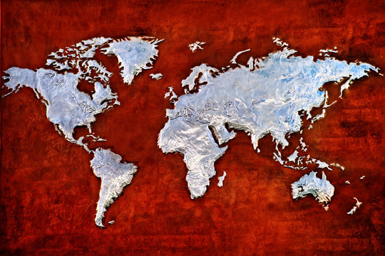 Embossed metal relief of the world map - Powered by Adobe
