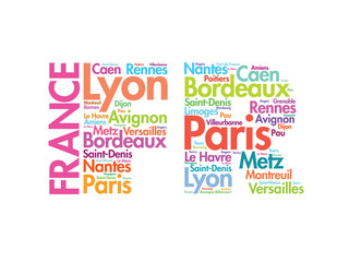 FRANCE abbreviation letters with cities names words cloud