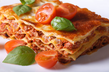 Portion of Italian lasagna closeup on a white plate. Horizontal