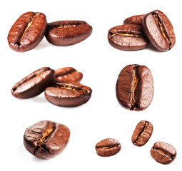 Collection of Roasted Coffee Beans isolated on white background.