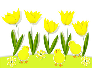 Easter background with chickens and tulips