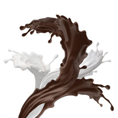 mixed chocolate milkshake drink splashing isolated on white