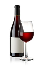 Red Wine bottle and glass on white background