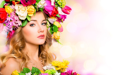Obraz na płótnie Canvas Spring woman. Beauty portrait with flowers hairstyle