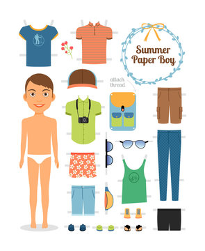 Paper doll boy in summer clothes and shoes