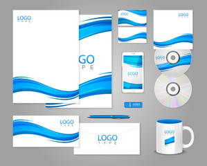 White corporate identity template with blue waves