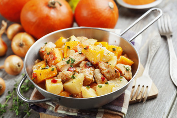 Chicken stew with pumpkin, potatoes and spices