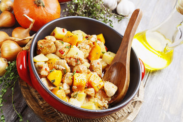 Chicken stew with pumpkin, potatoes and spices