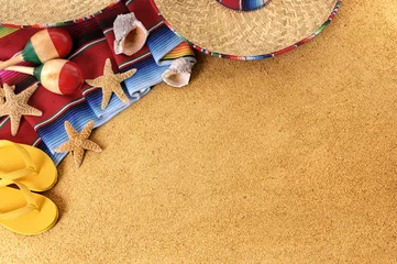 Zelfklevend Fotobehang Mexican beach sand background with sombrero serape rug or blanket photo horizontal © david_franklin