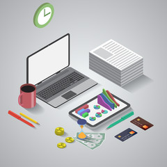 Flat 3d isometric mobile application, business analytics, financ