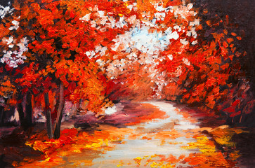 Paysage de peinture à l& 39 huile - forêt d& 39 automne colorée