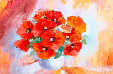 Oil painting still life, abstract watercolor bouquet of poppies