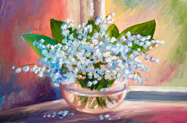 Oil painting of spring lily of the valley flowers in a vase on - obrazy, fototapety, plakaty