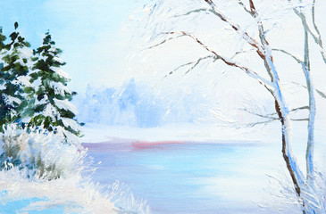 Obraz premium oil painting winter landscape, frozen river in the forest, color