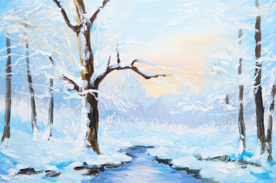 oil painting winter landscape, frozen river in the forest, color