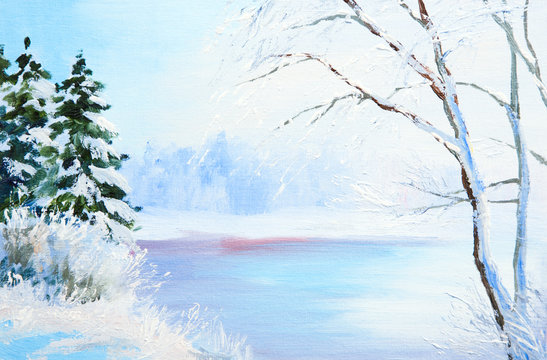 oil painting winter landscape, frozen river in the forest, color