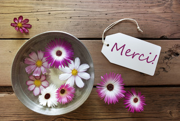 Silver Bowl With Cosmea Blossoms With Text Merci