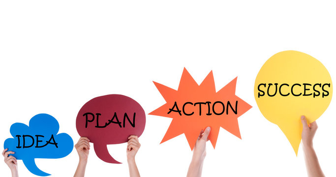 Four Speech Balloons With Idea Plan Action Success