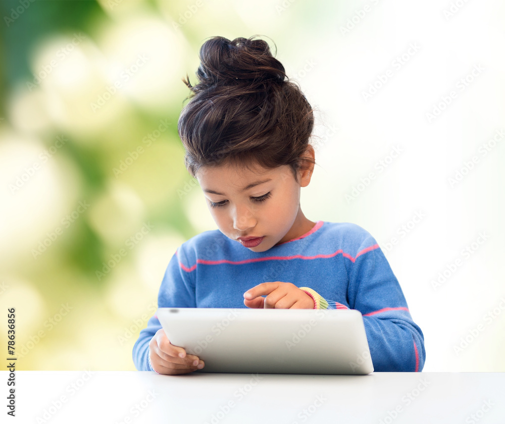 Poster little girl with tablet pc over green background