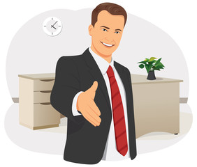 Smiling businessman is giving the hand for handshake