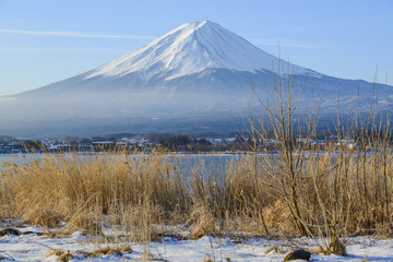 Very fantastic scenery Mount Fuji on Lake Kawaguchiko was iced