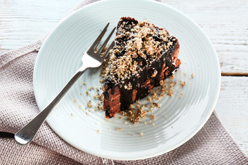 Yummy chocolate cake served on table, close-up