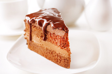 Delicious chocolate cake on plate on table on light background