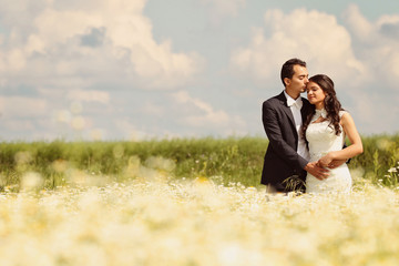 Bride and Groom posing in the fields