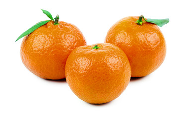 three ripe mandarins isolated on white background