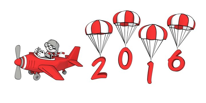 little sketchy man in red plane - year 2016 on parachutes
