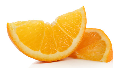 Juicy slices of orange isolated on white