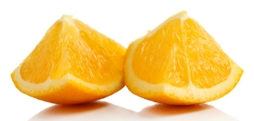 Juicy slices of orange isolated on white
