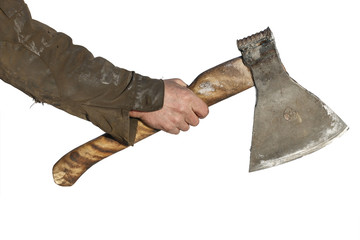 man's hand in a dirty uniform with axe. Isolated on a white