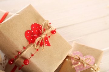 Beautiful gift boxes close-up. Valentine Day concept