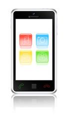 Touchscreen smartphone with multimedia icons. Vector illustratio