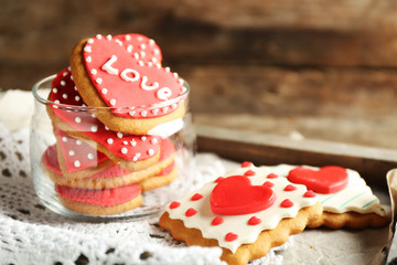 Heart shaped cookies for valentines day in glass jar