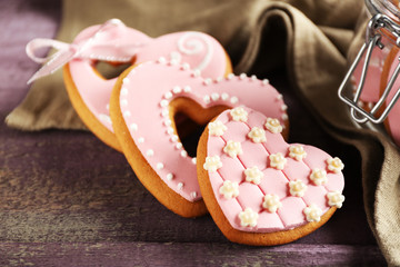 Heart shaped cookies for valentines day on wooden background