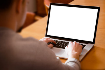Fototapeta na wymiar Man using, working on laptop with blank screen in home