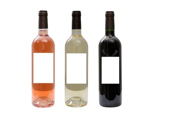 White, rose, and red wine bottles set 