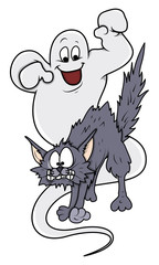 Ghost Frightening Cat - Cartoon - Halloween Vector Illustration