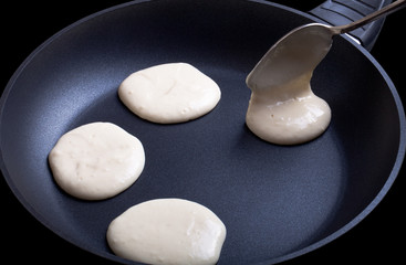 Baking of pancake from batter in a pan