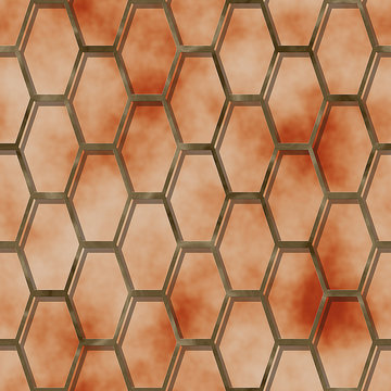 Grunge background with gold metal grid of hexagons
